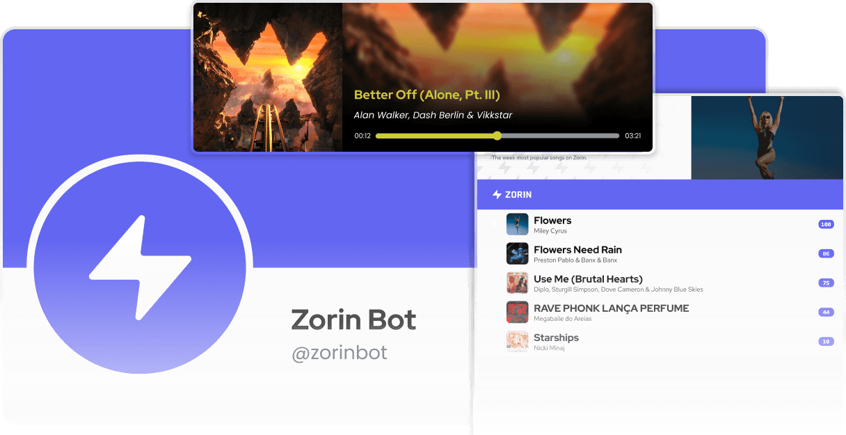 Zorin's now playing card and the weekly top 5 songs.